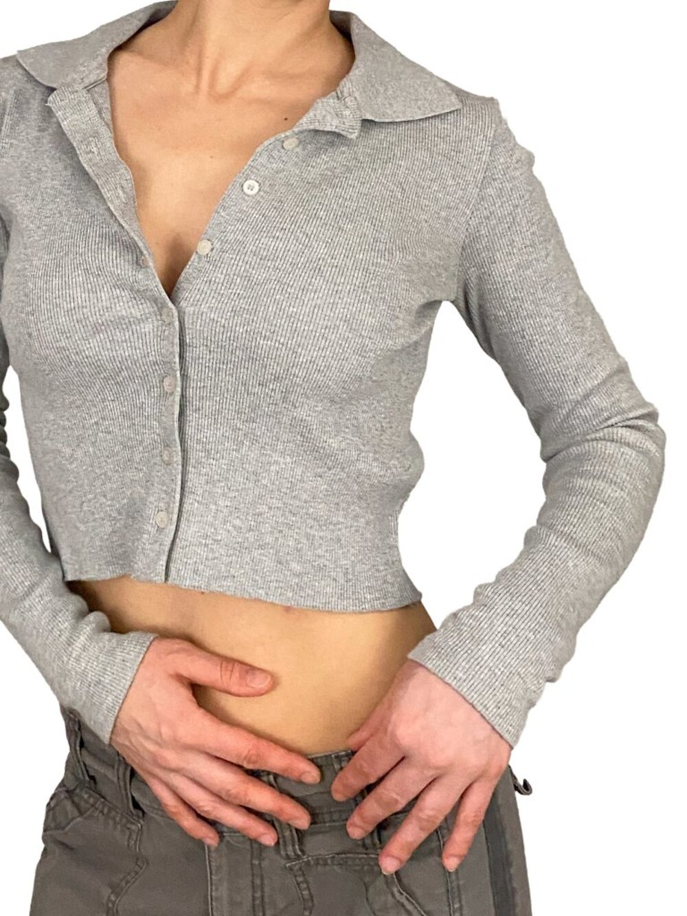 Brandy Melville gray ribbed long sleeve button front collared top